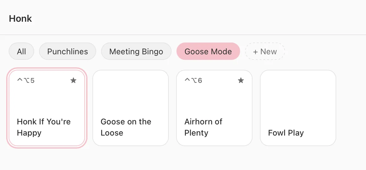 The main window showing only the four sounds in the Goose Mode category