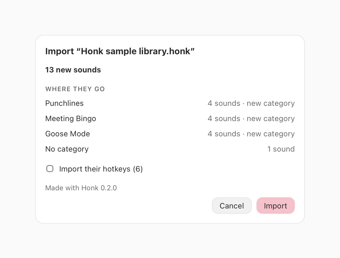 The import preview: 13 new sounds, where each goes, and an unticked box to import their hotkeys