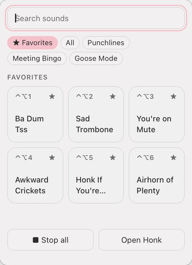 The menu bar popover: a search field, category chips and six favorite sounds